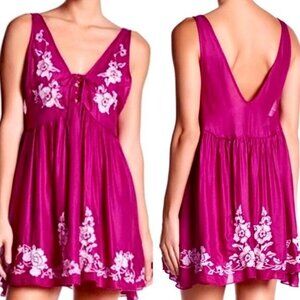 Free People Pink Embroidered Floral Mini Dress With Lace-Up Front & Low Back Des